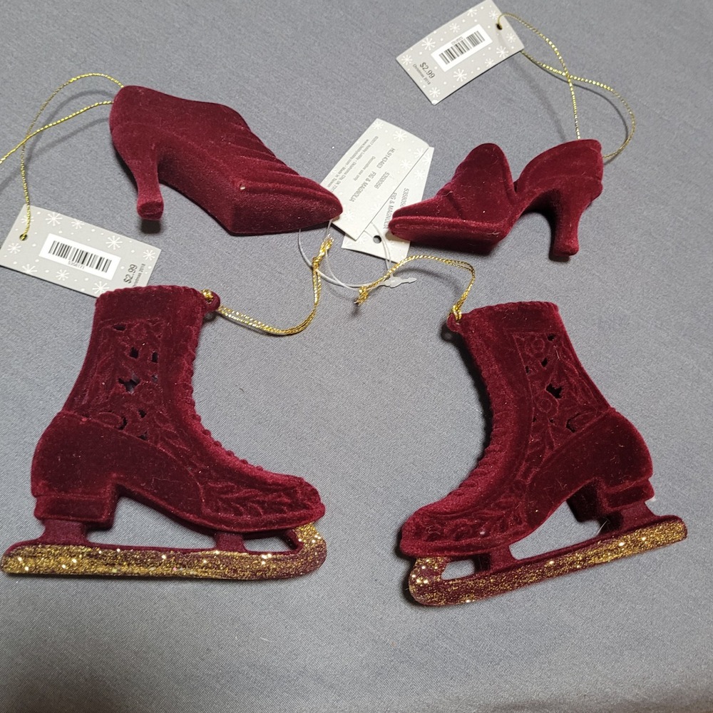 Set of 4 Burgundy Velvet Christmas Ornaments Ice Skates & High Heel Shoes